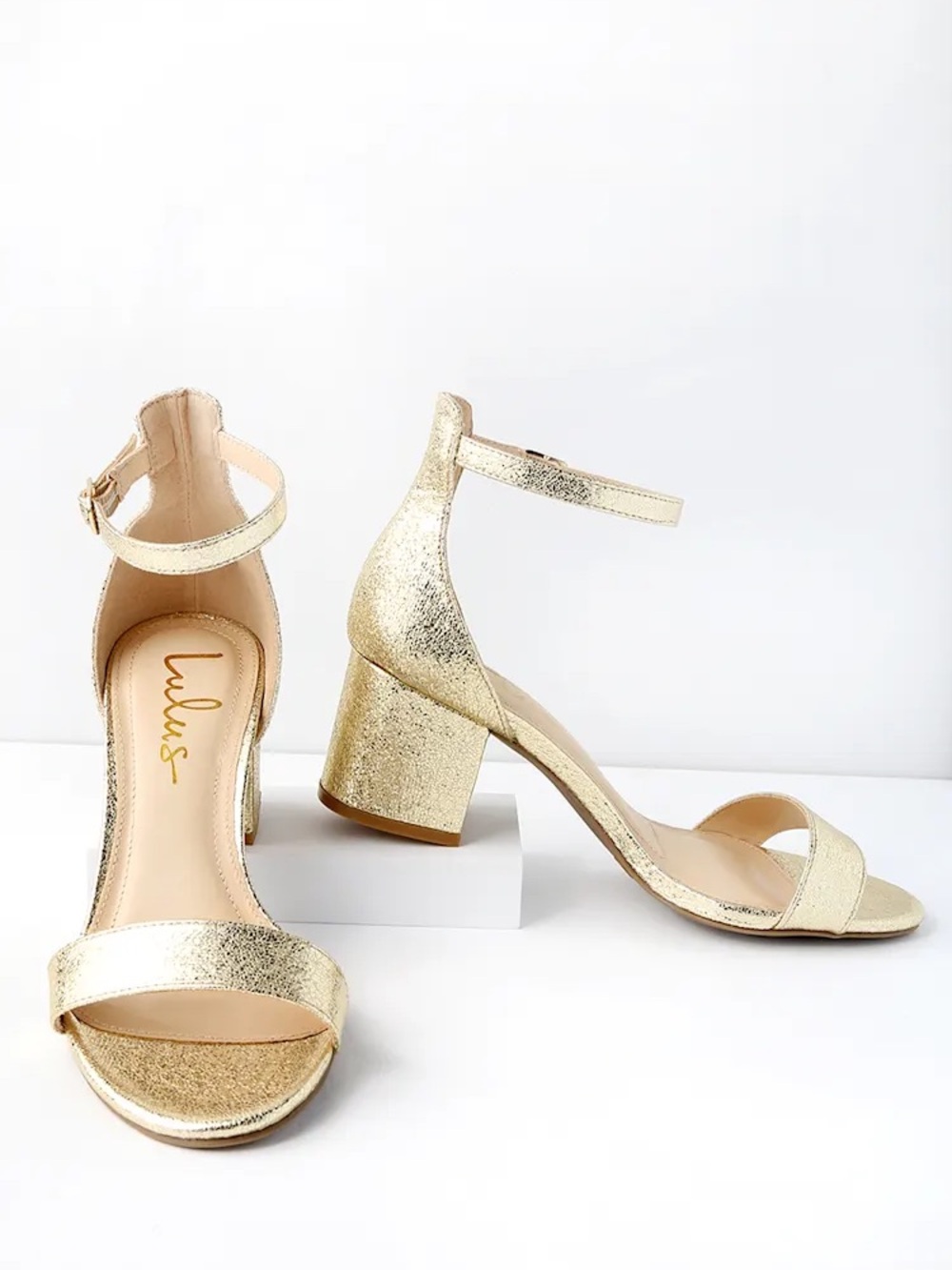 Lulu’s Harper sparkly gold chunky heel sandals with ankle strap